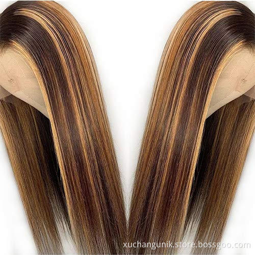 Uniky Piano 30 Inch Long Straight Brown 13X4 Transparent Lace Highlighted Human Hair Wigs 10a Highlight Body Wave Hair Full Wig